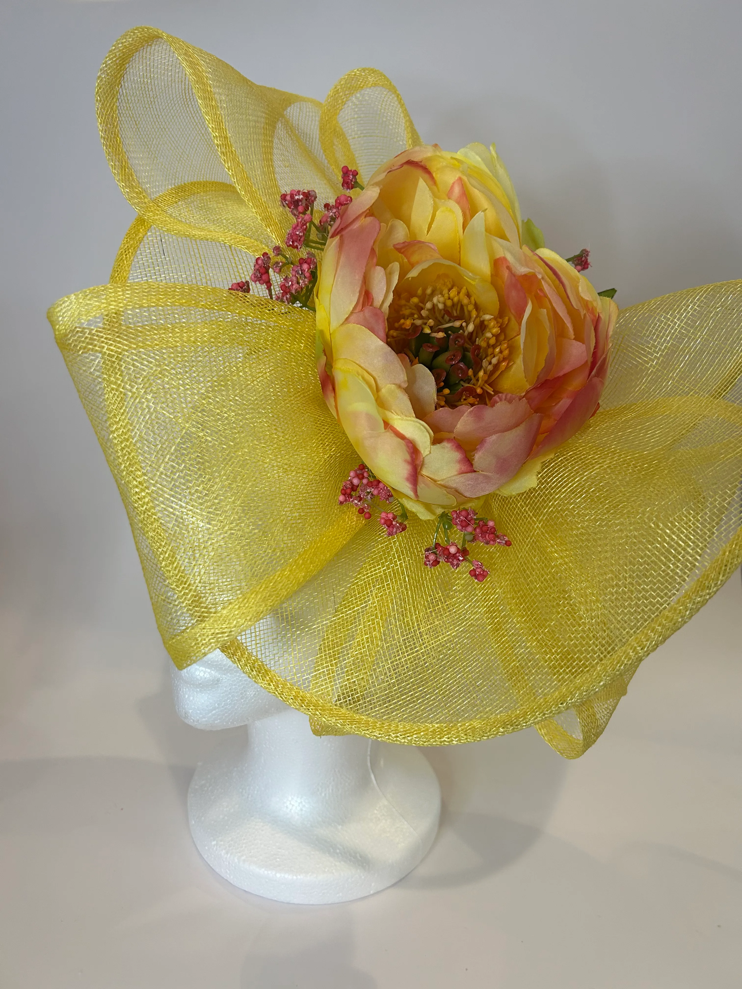 Yellow Derby Hat with Peony and Berry Sprays — handmade in Louisville, KY