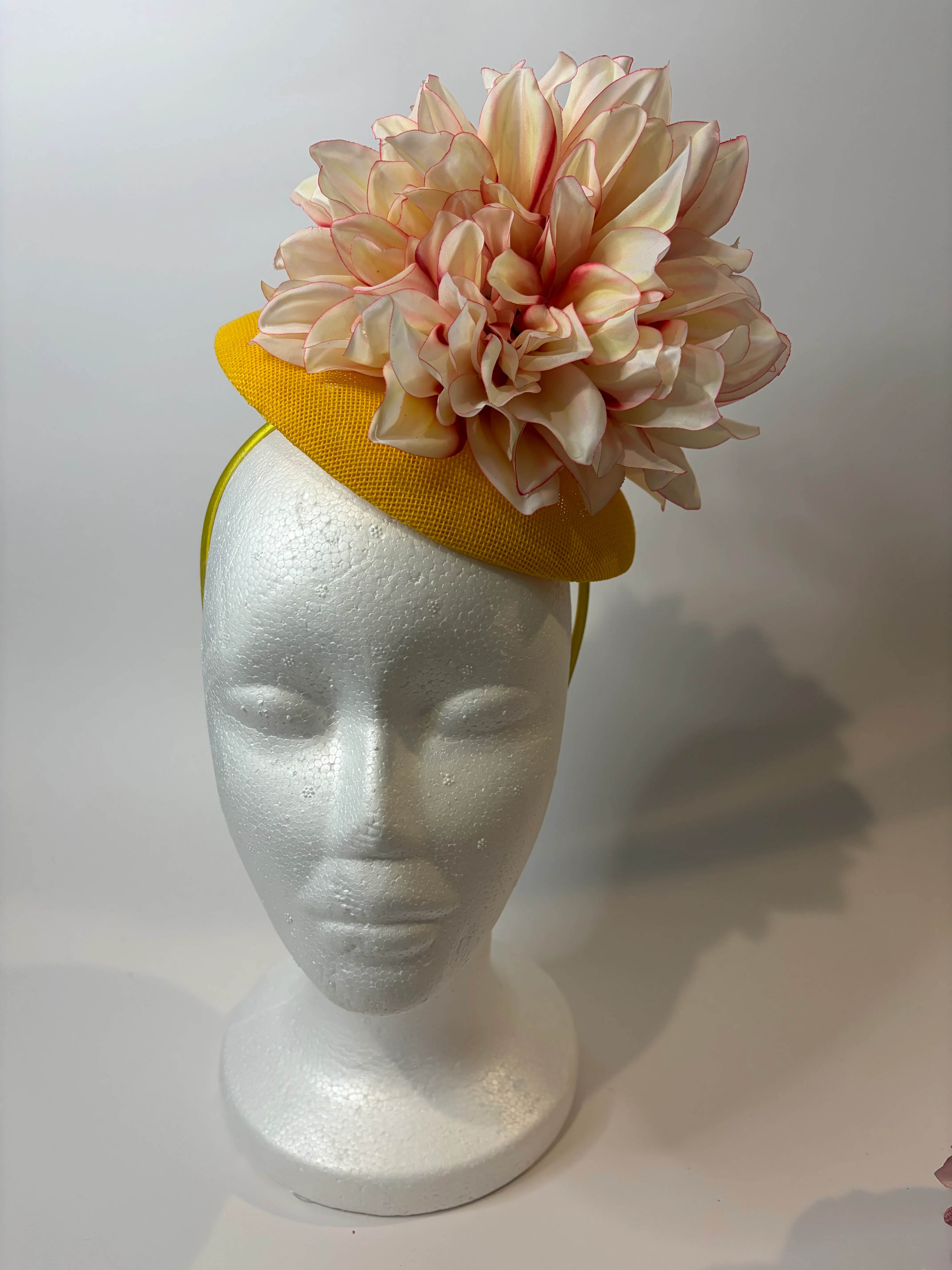 Yellow Pillbox Fascinator Hat with Blush Dahlia — handmade in Louisville, KY