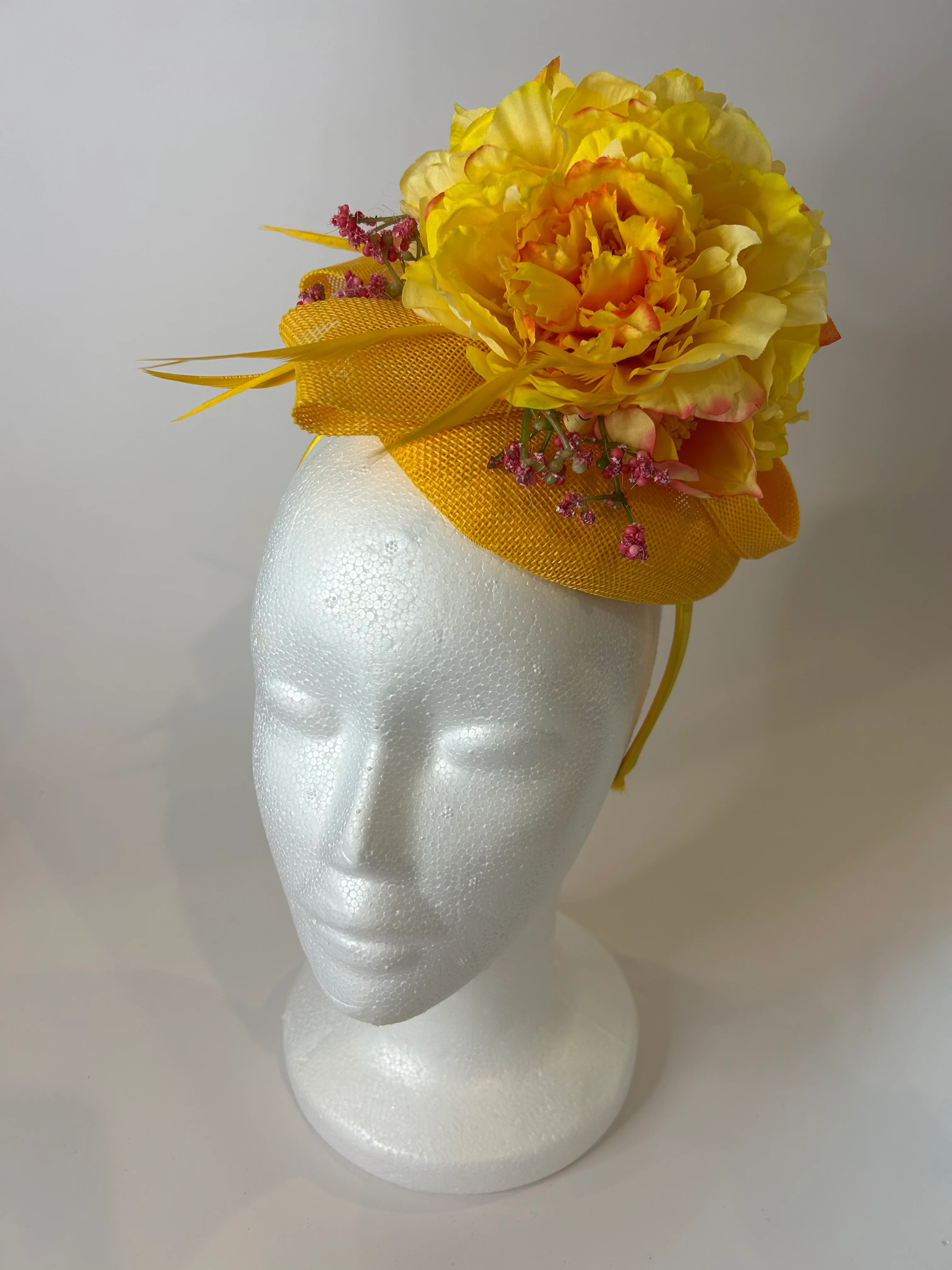 Yellow Pillbox Fascinator Hat with Peony and Berry Sprays — handmade in Louisville, KY