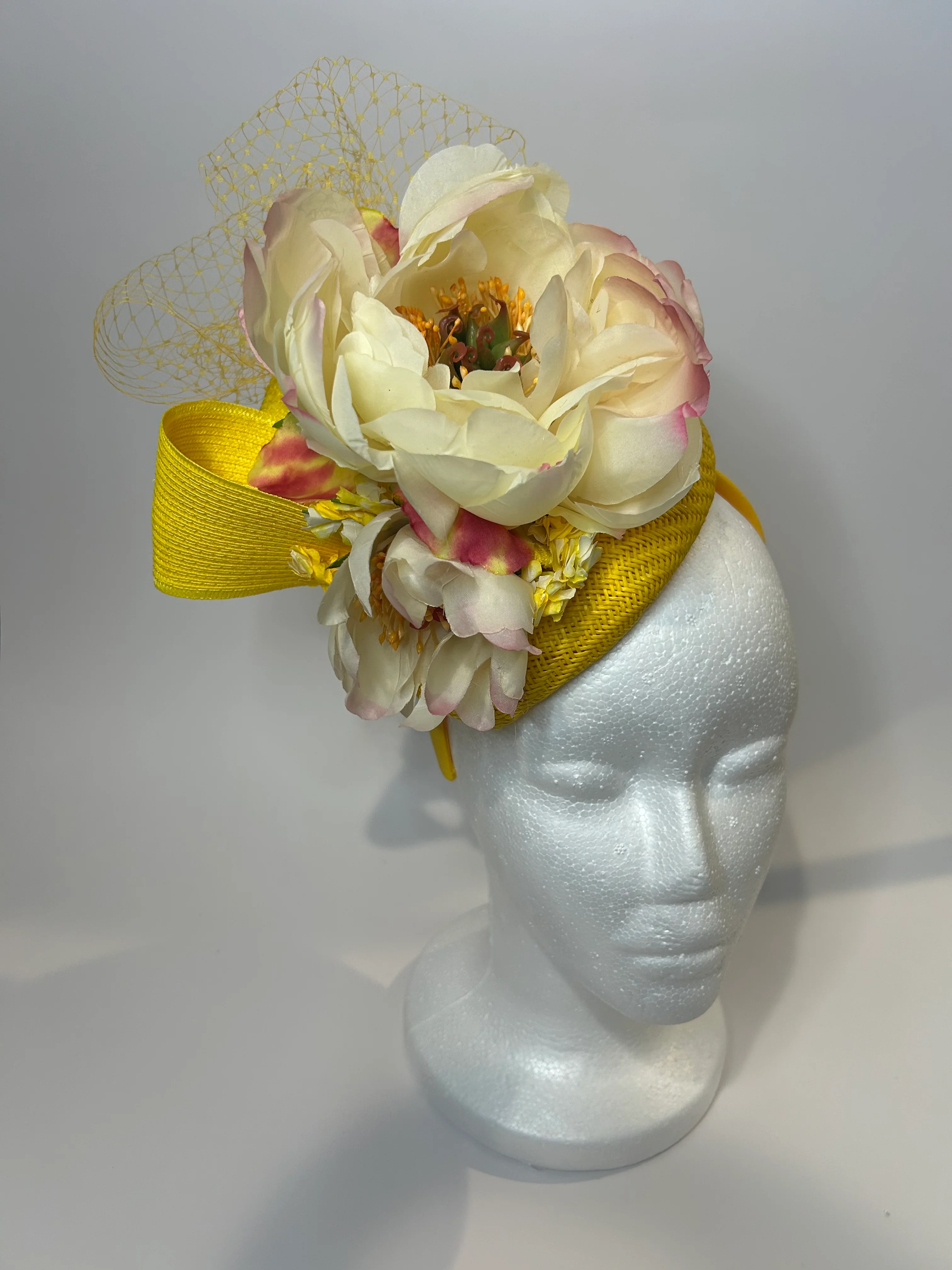 Yellow Pillbox Fascinator Hat with Peony and Netting — handmade in Louisville, KY