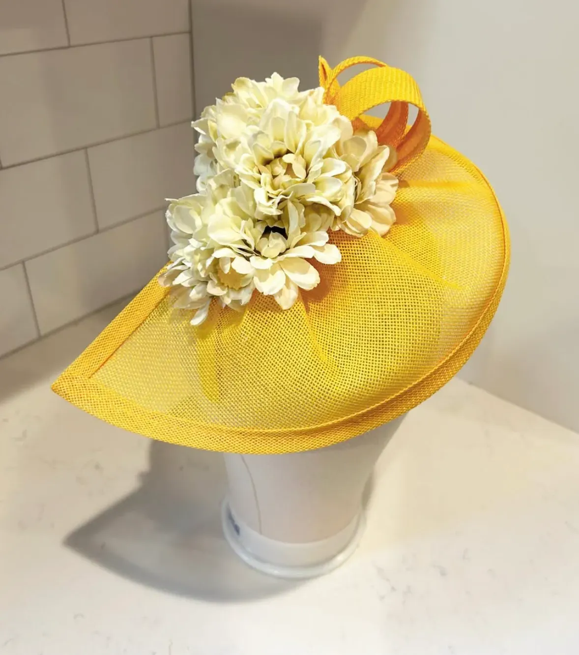 Yellow Saucer Fascinator Hat with Hydrangea and Sinamay Loops — handmade in Louisville, KY
