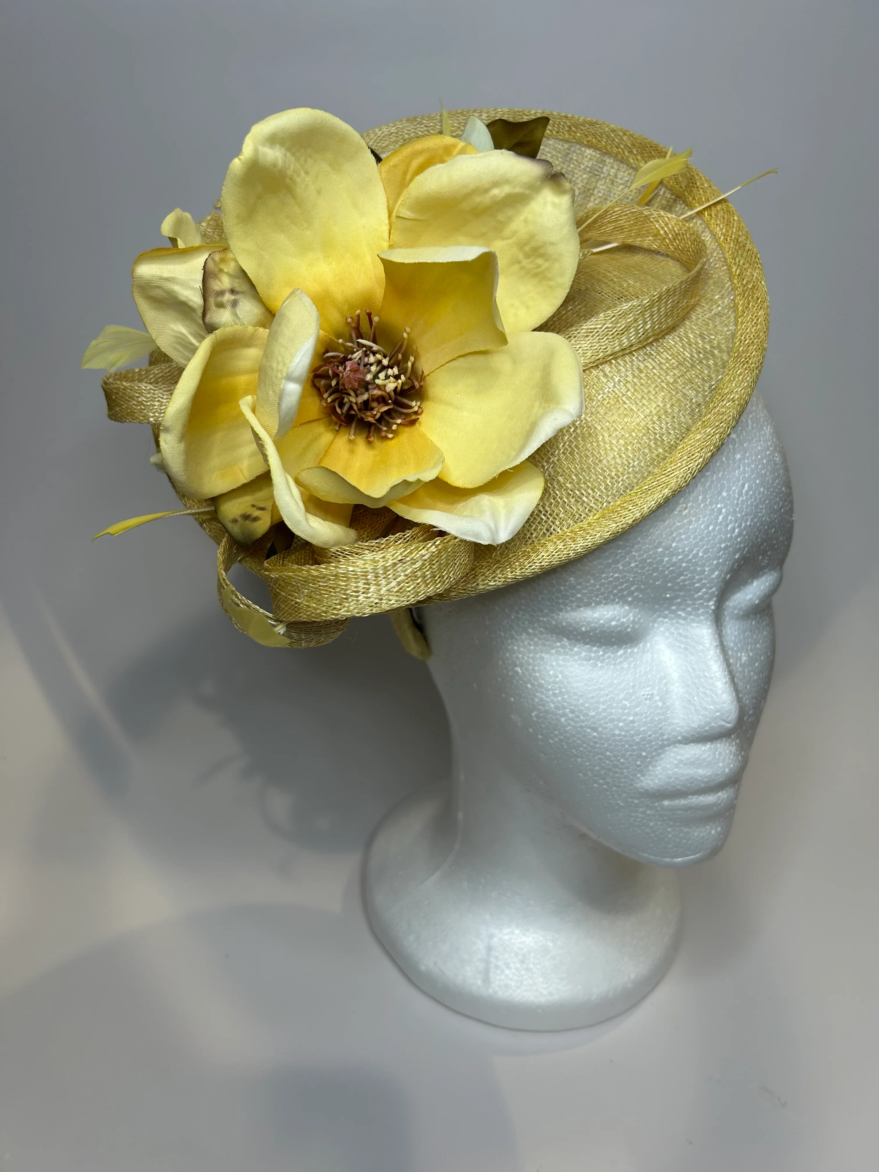 Yellow Saucer Fascinator Hat with Magnolia — handmade in Louisville, KY
