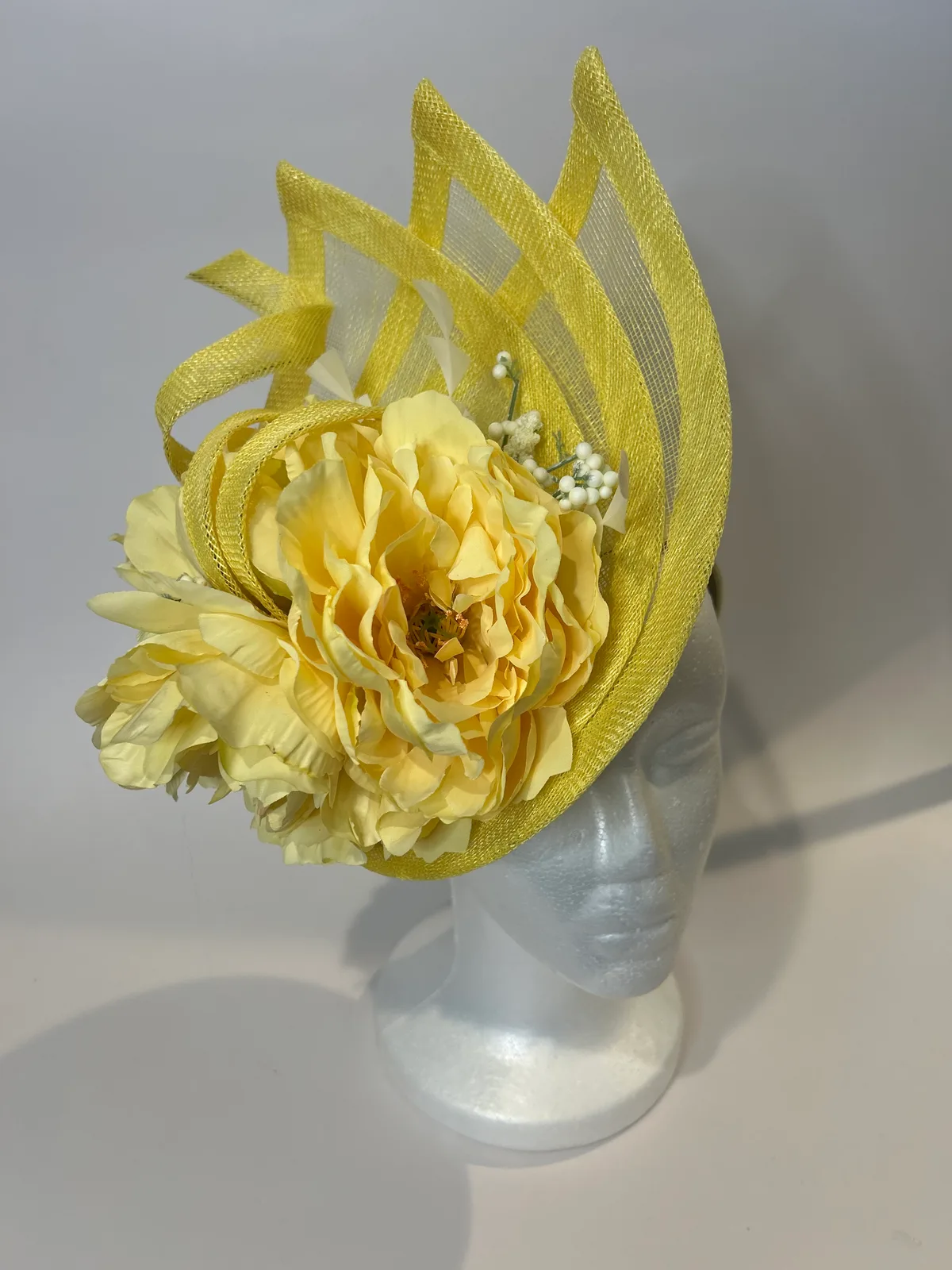 Yellow Saucer Derby Hat with Peony and Berry Sprays — handmade in Louisville, KY