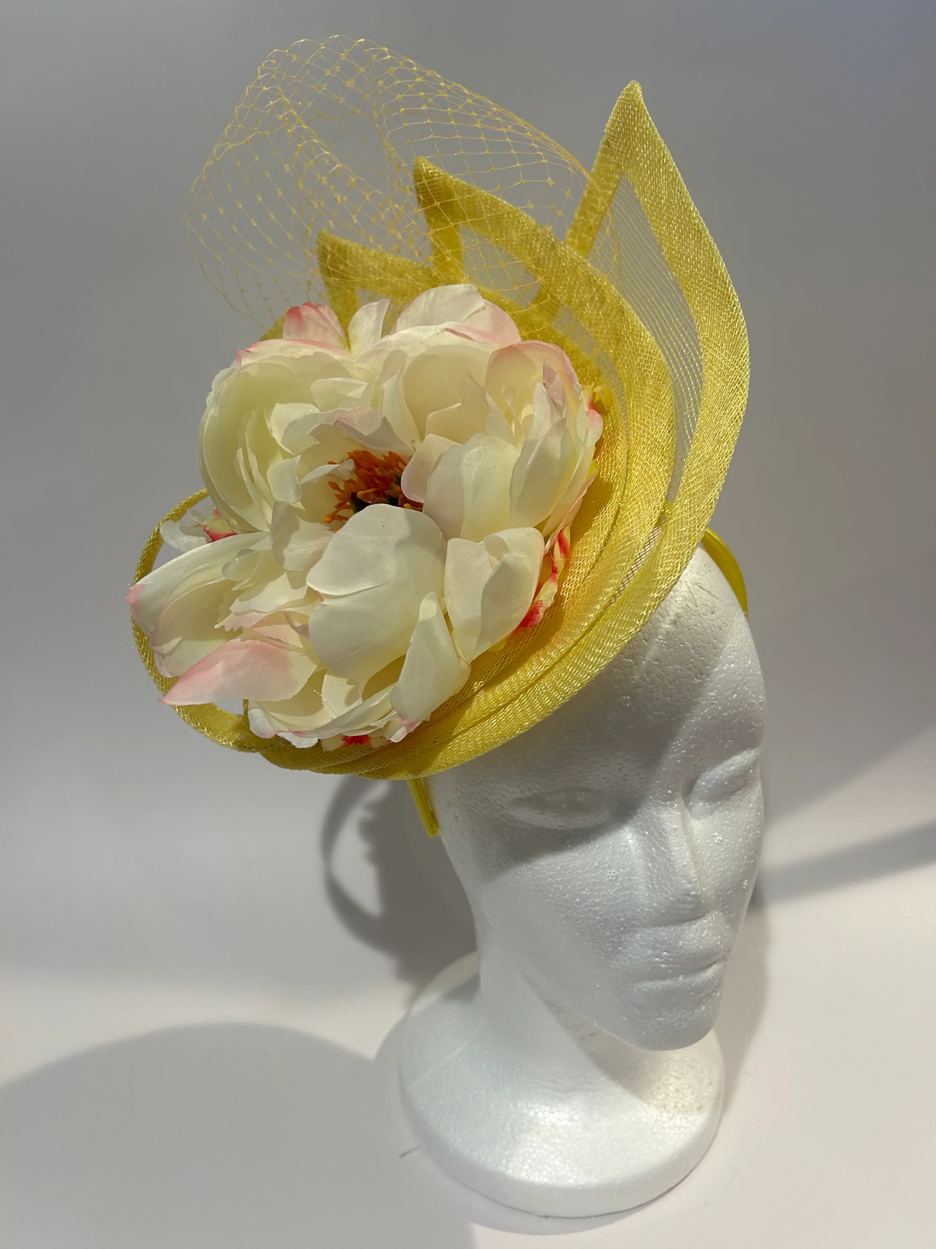 Yellow Saucer Fascinator Hat with Peony and Netting — handmade in Louisville, KY