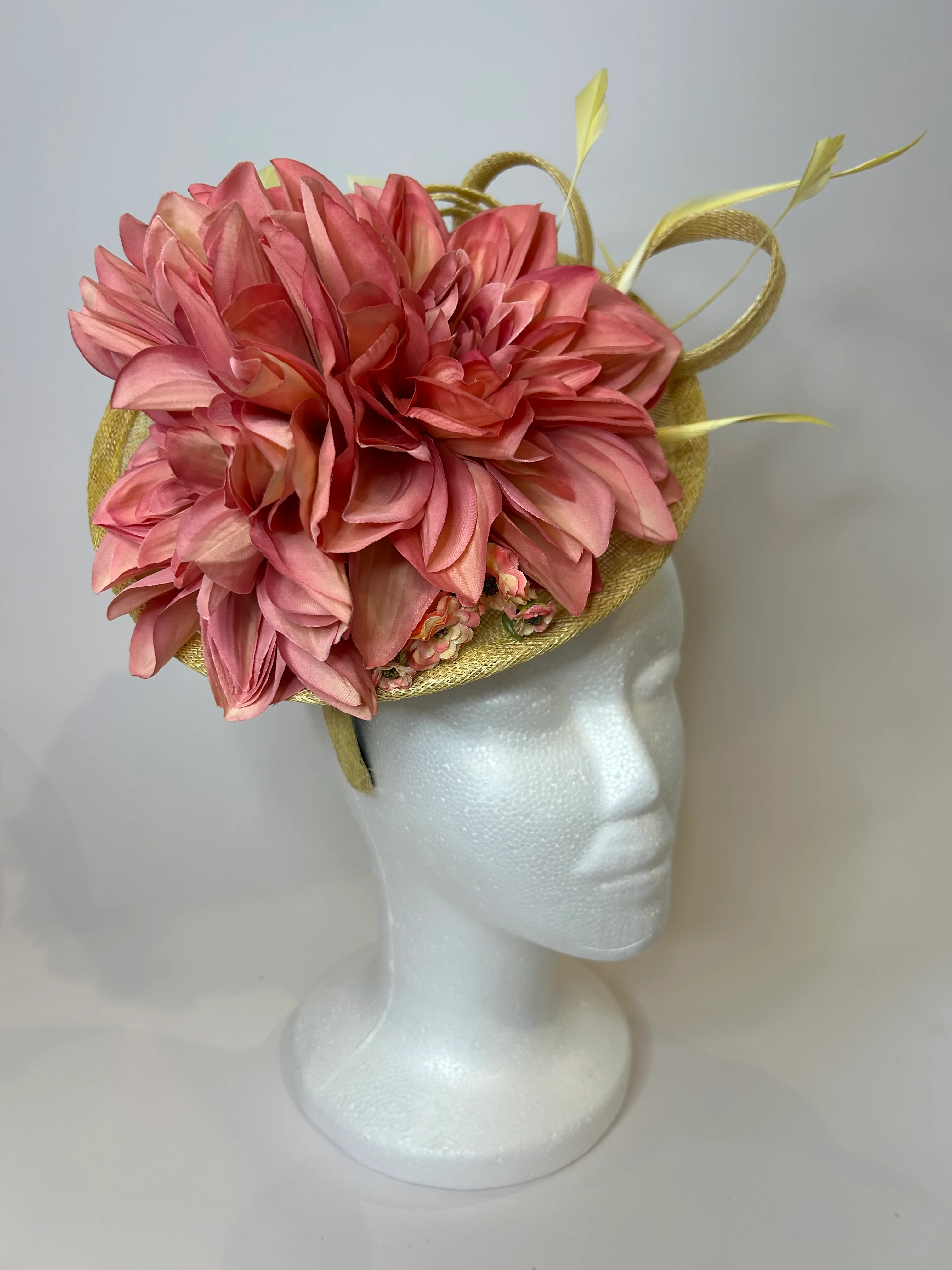 Yellow Saucer Fascinator Hat with Pink Dahlia and Feathers — handmade in Louisville, KY