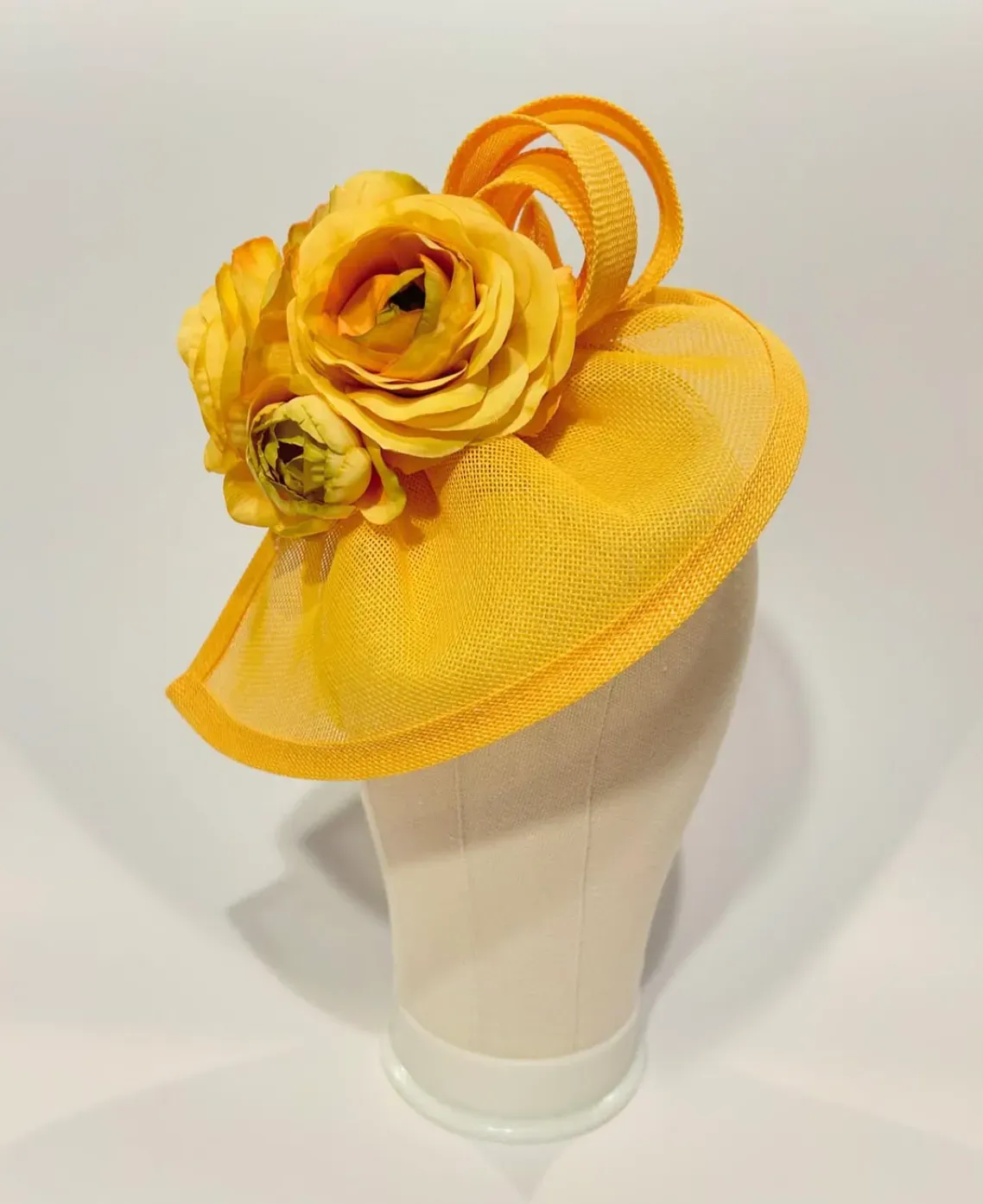 Yellow Saucer Fascinator Hat with Ranunculus and Loops — handmade in Louisville, KY